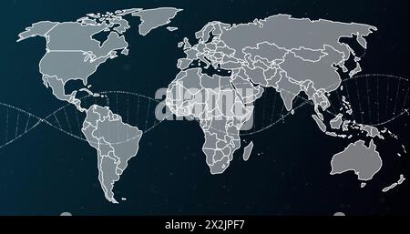 Image of dna strand over world map Stock Photo