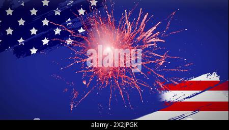 Image of flag of usa with fireworks on blue background Stock Photo