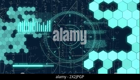 Image of data processing over mathematical equations on black background Stock Photo
