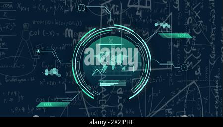 Image of data processing over mathematical equations on black background Stock Photo