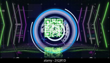 Image of qr code over scope scanning and data processing on black background Stock Photo