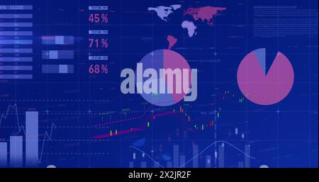 Image of financial and statistical data processing against blue background Stock Photo