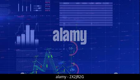 Image of financial and statistical data processing against blue background Stock Photo