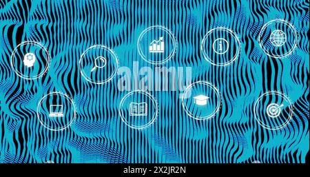 Image of network of digital icons over blue glowing lines on dark background Stock Photo