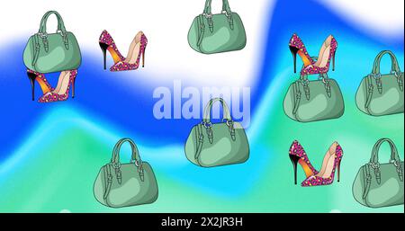 Image of green shoes and handbags on colourful background Stock Photo