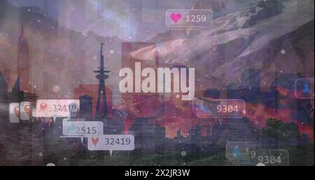 Image of landscape and social media reactions over cityscape Stock Photo