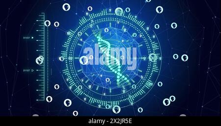 Image of dna, networks of connections, scientific data processing and ai icons Stock Photo