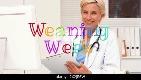 Image of weaning week text over caucasian female doctor Stock Photo