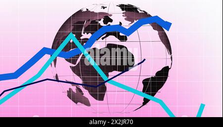 Image of financial data processing over globe on pink background Stock Photo