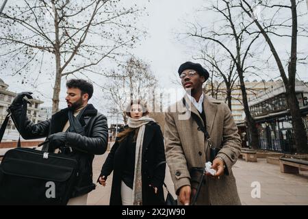 Dynamic young entrepreneurs walking through city environment Stock Photo