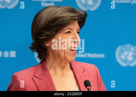 Catherine Colonna speaks during press briefing at UN Headquarters in ...