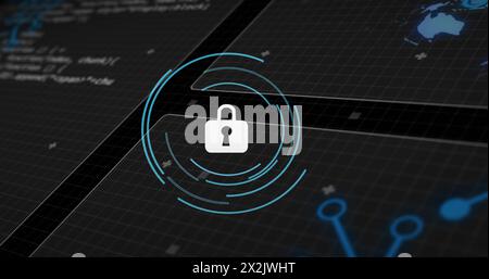 Image of padlock icon over data processing on black background Stock Photo