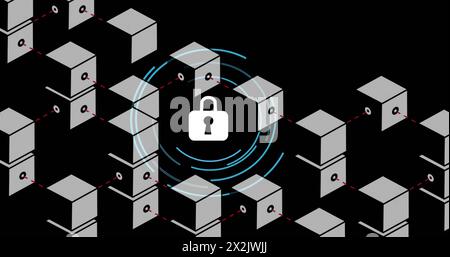 Image of padlock icon over boxes with connections on black background Stock Photo