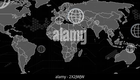 Image of globe icons over world map on black background Stock Photo