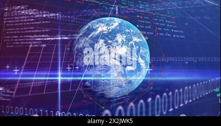 Image of financial data processing and binary coding over globe Stock Photo