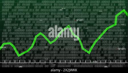 Image of binary coding and financial data processing over dark background Stock Photo