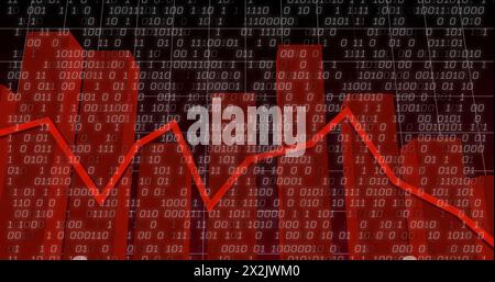 Image of binary coding and financial data processing over dark background Stock Photo