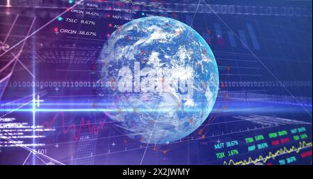 Image of financial data processing and binary coding over globe Stock Photo