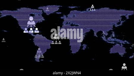 Image of interference over world map and business icons on black background Stock Photo