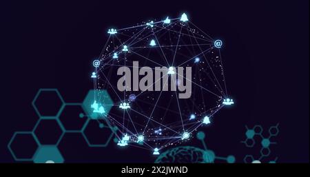Image of network of connections with human brain and data processing Stock Photo