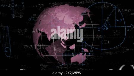 Image of mathematical data processing over globe on black background Stock Photo
