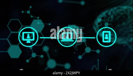 Image of network of connections with human brain and data processing Stock Photo