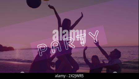 Image of neon party text in over smiling friends dancing at beach party Stock Photo