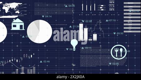 Image of financial data processing with icons on black background Stock Photo