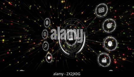 Image of data processing and icons over light spots on black background Stock Photo