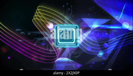 Image of padlock icon with computer circuit board over light trails on black background Stock Photo