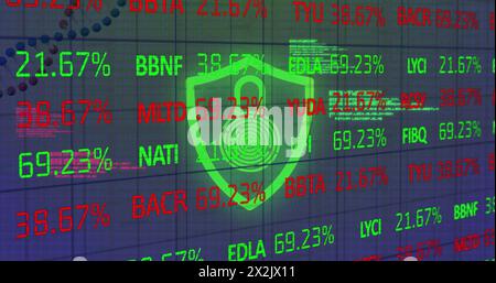Image of financial data processing over glowing padlick icon Stock Photo