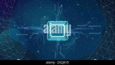 Image of padlock icon with computer circuit board over snow and shapes on black background Stock Photo