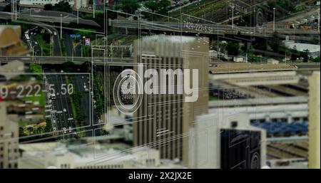 Image of statistics and data processing over cityscape Stock Photo