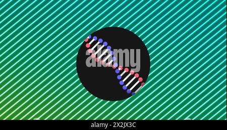 Image of dna strand spinning over glowing neon stripes Stock Photo