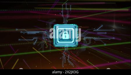 Image of padlock icon with computer circuit board over light trails on black background Stock Photo