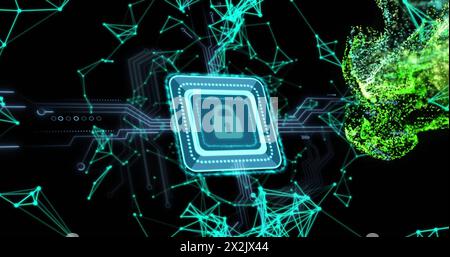 Image of padlock icon with computer circuit board over shapes on black background Stock Photo