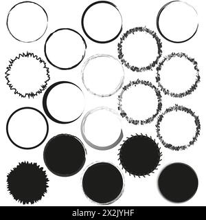 Variety of grunge circle outlines. Set of round stamps and badges. Ink brush borders. Vector illustration. EPS 10. Stock Vector