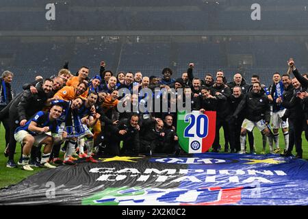 Milan, Italy. 22nd Apr, 2024. FC Inter's players celebrate at the end of a Serie A football match between AC Milan and FC Inter in Milan, Italy, April 22, 2024. Credit: Alberto Lingria/Xinhua/Alamy Live News Stock Photo