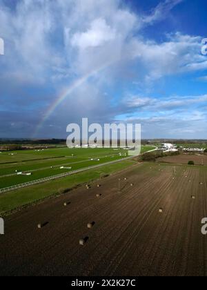 Aerial drone vertical shot above Wetherby Racecourse and Conference Centre, with rainbow in the background. Stock Photo