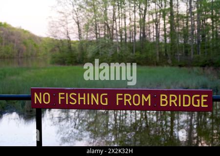 Burke, Virginia, USA - April 18, 2024: A 'No Fishing From Bridge' sign hangs on a bridge at Burke Lake Park in Northern Virginia. Stock Photo