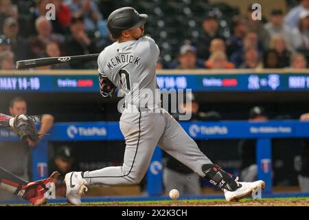 Minneapolis, Minnesota, USA. 22nd Apr, 2024. Chicago White Sox third baseman DANNY MENDICK (0) hits a ground ball during a MLB baseball game between the Minnesota Twins and the Chicago White Sox at Target Field in Minneapolis. The Twins won 7-0. (Credit Image: © Steven Garcia/ZUMA Press Wire) EDITORIAL USAGE ONLY! Not for Commercial USAGE! Credit: ZUMA Press, Inc./Alamy Live News Stock Photo