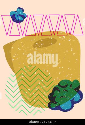Risograph toilet paper with geometric shapes. Objects in trendy riso graph print texture style design with geometry elements. Stock Vector