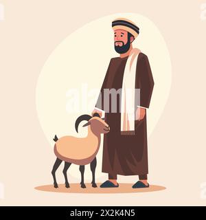 Islamic Arabian Muslim Man with Sheep Goat in Eid Al Adha Celebration Stock Vector