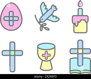 Easter vector icons. Christian religious outline color symbols of cross bible cake bird and cup isolated on white background. Pictograms for holly Stock Vector