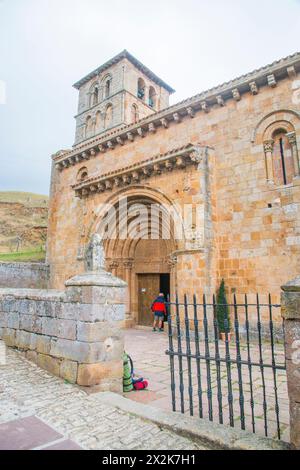 Facade of the Romanesque collegiate church. Cervatos, Cantabria, Spain. Stock Photo