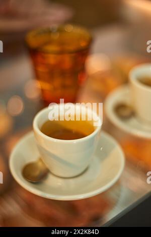 Close up espresso in ceramic on wood table. Stock Photo