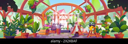 Greenhouse interior with glass walls, wooden furniture and green plants in flowerpot and vase. Cartoon vector illustration of conservatory garden inside with greenery and cultivation equipment. Stock Vector
