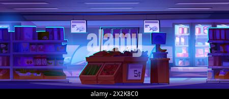 Night supermarket interior. Grocery shop inside vector background. Aisle shelf in store with food, bread and vegetable to sell. Neon light in hypermarket from refrigerator showcase for product display Stock Vector