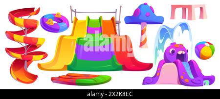 Water park slides set isolated on white background. Vector cartoon illustration of aqua park design elements, amusement equipment for swimming pool, inflatable mattress, water splashing above fountain Stock Vector