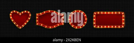 Retro red frame with light bulbs. Realistic vector illustration set of cinema or casino sign banner with lamps in form of heart, circle and rectangle. Circus or show border and signboard template. Stock Vector